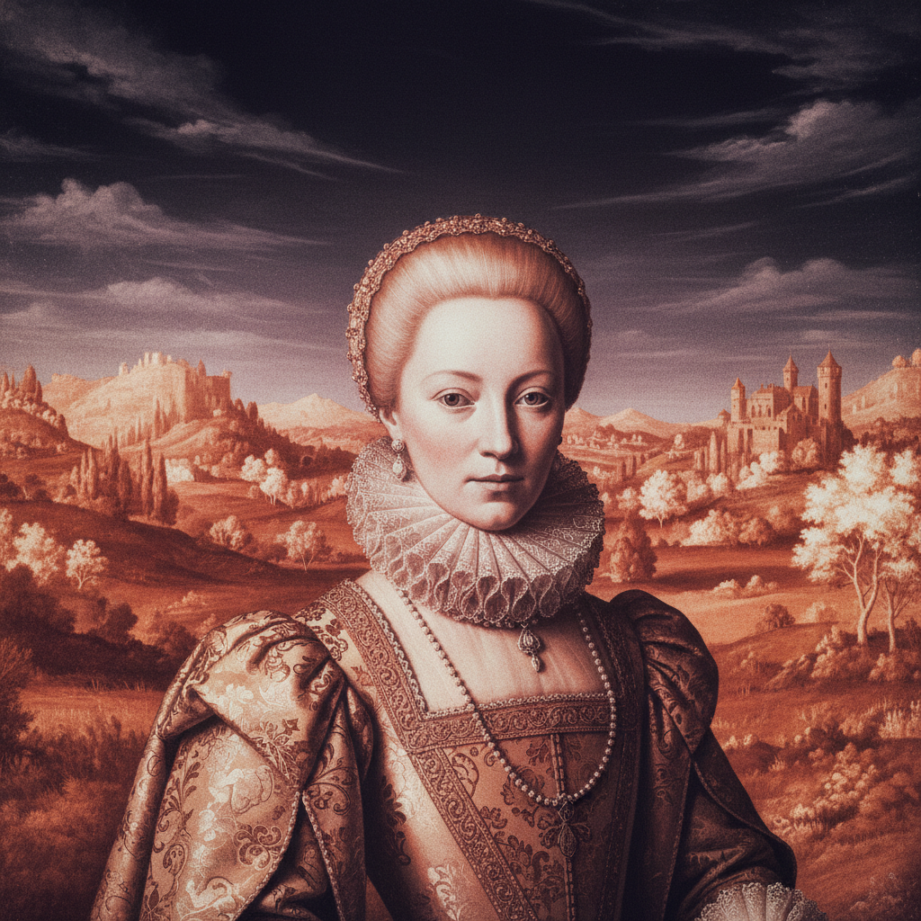 Renaissance-style forum avatar (pfp): formal portrait of a noblewoman in an ornate ruff and embroidered gown against rolling pastoral hills.