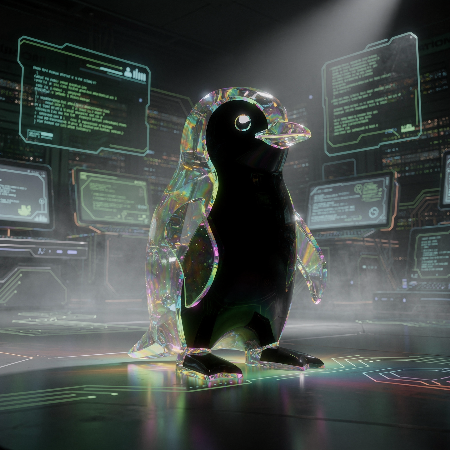Iridescent penguin (Linux-themed) standing amid floating code screens in a neon cyber lab — forum avatar/profile photo.