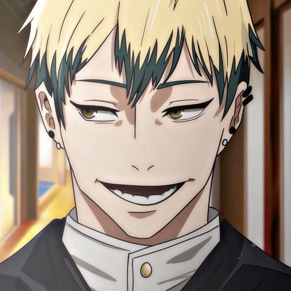 Forum avatar: close-up of Naoya Zenin (Jujutsu Kaisen), smirking blond anime boy with green eyes, black-streaked bangs, school uniform collar and earrings.