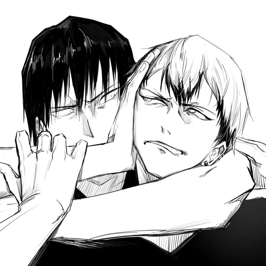 Manga-style Jujutsu Kaisen avatar: Toji Fushiguro grips Naoya Zenin’s head and shoulder in a tight hold, both wearing sly, confident smirks.