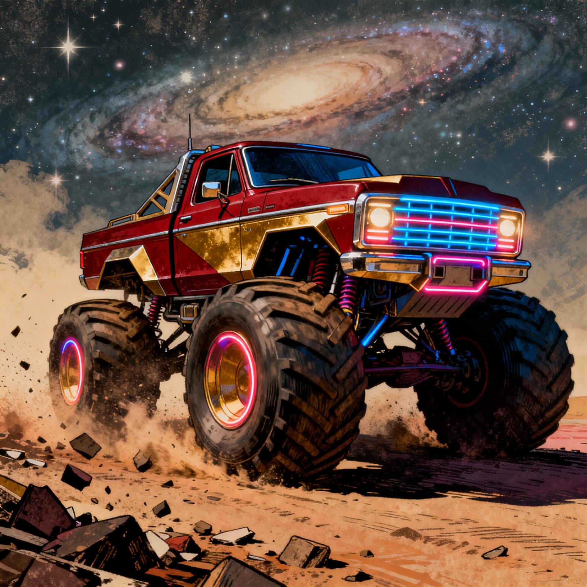 Bold neon-lit monster truck roaring across rocky terrain beneath a spiral galaxy — stylized forum avatar/pfp.