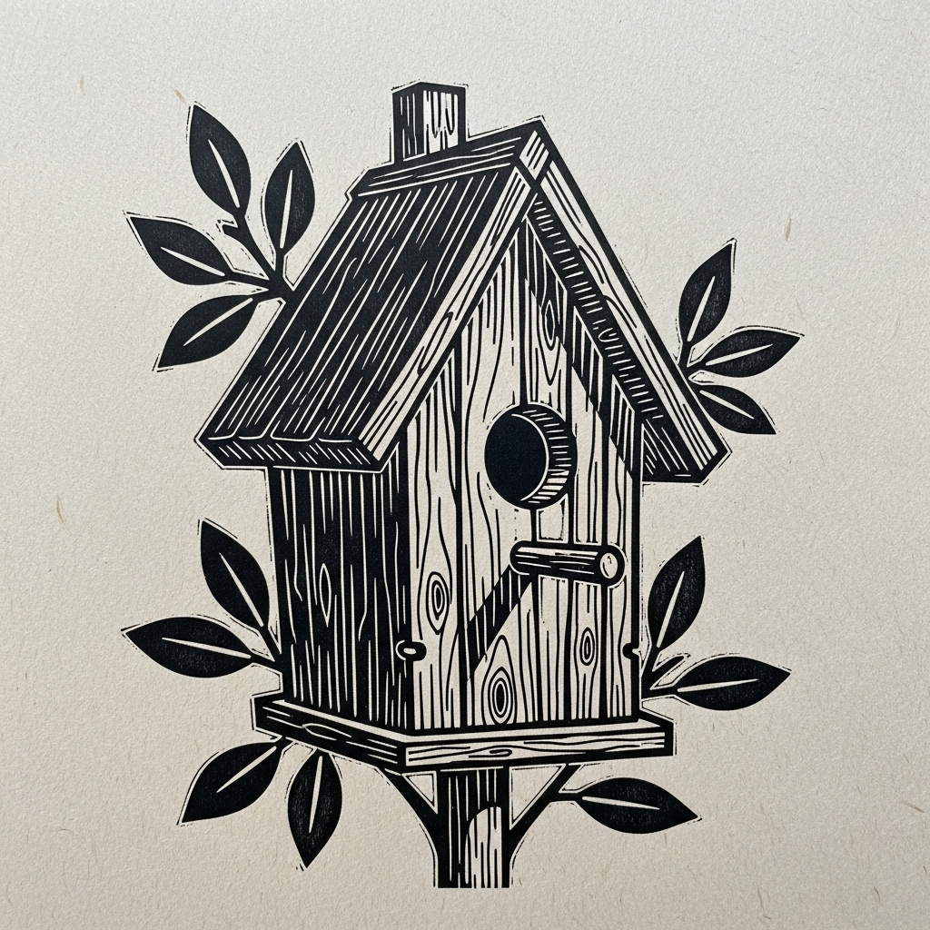 Black-and-white stylized wooden bird house illustration with leafy accents, displayed as a forum avatar/profile photo.