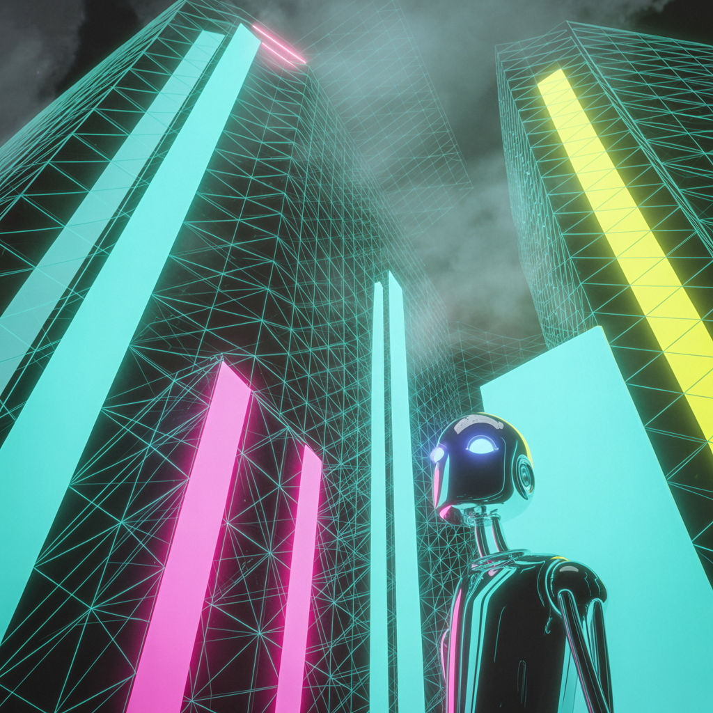 Forum avatar/pfp: reflective chrome humanoid robot looks up amid neon-grid skyscrapers in teal, pink and yellow under a foggy cyberpunk sky.