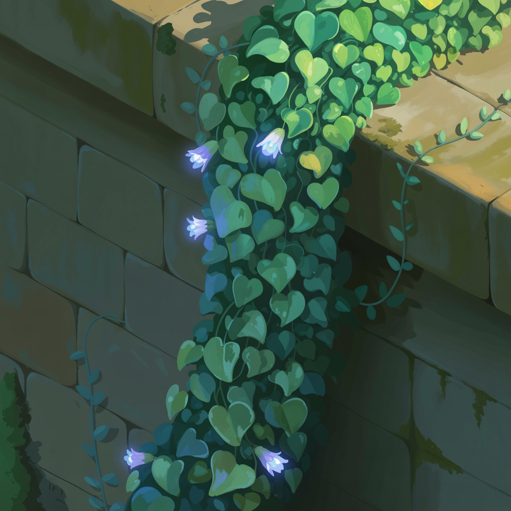 Forum avatar/pfp/profile photo of a cascading heart-shaped vine with small blue glowing flowers draping over an old stone wall.