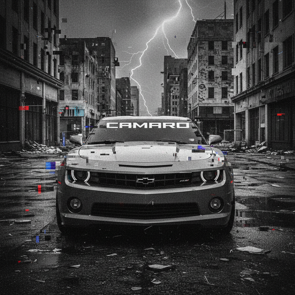Forum avatar/pfp: front-facing Chevrolet Camaro with CAMARO windshield decal in a stormy, abandoned city street struck by lightning.