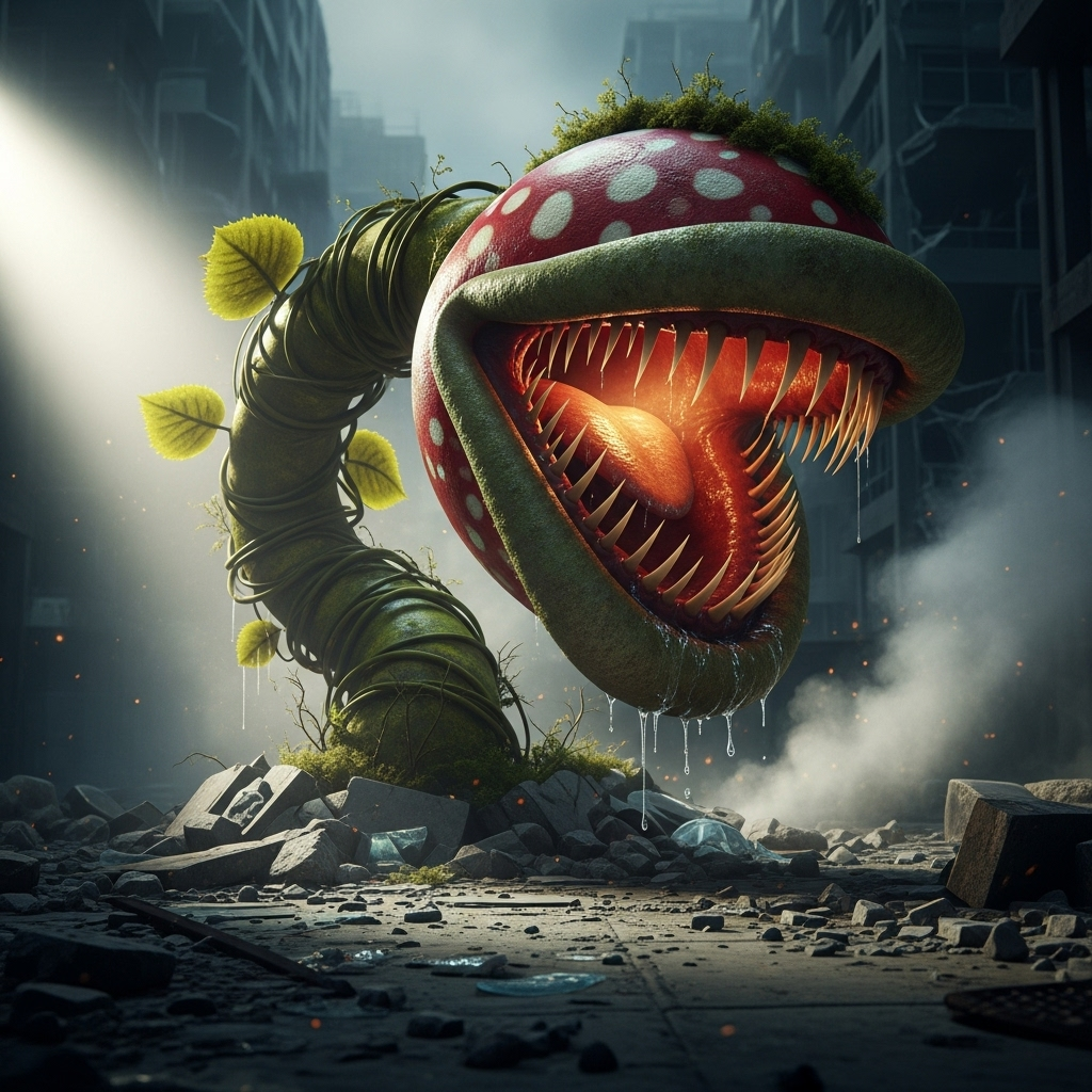 Forum avatar/profile photo of a menacing piranha plant with serrated teeth and a glowing throat rising from rubble in a misty, ruined city street.