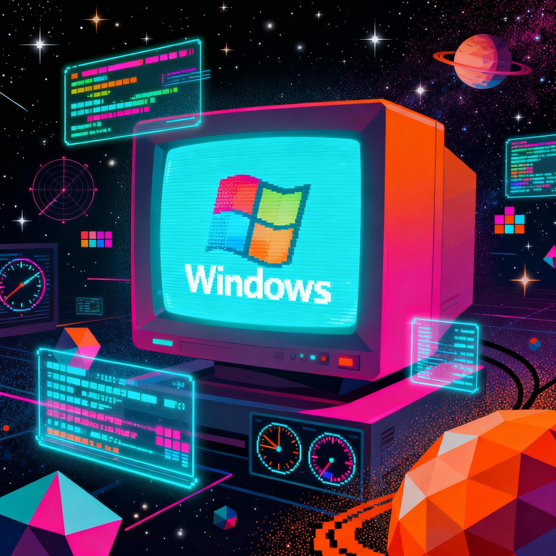 Forum avatar showing a neon cyberpunk retro CRT displaying the Windows logo in space, surrounded by floating holographic code panels, geometric planets and vintage tech elements.