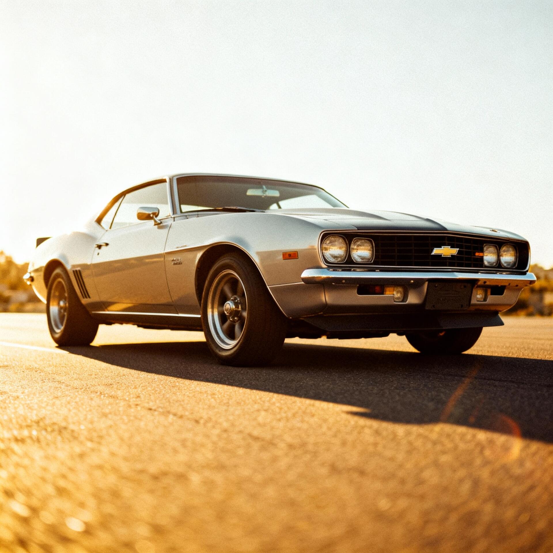 Forum avatar/profile photo of a classic Chevrolet Camaro in golden light, low-angle shot highlighting its front grille and sleek curves.