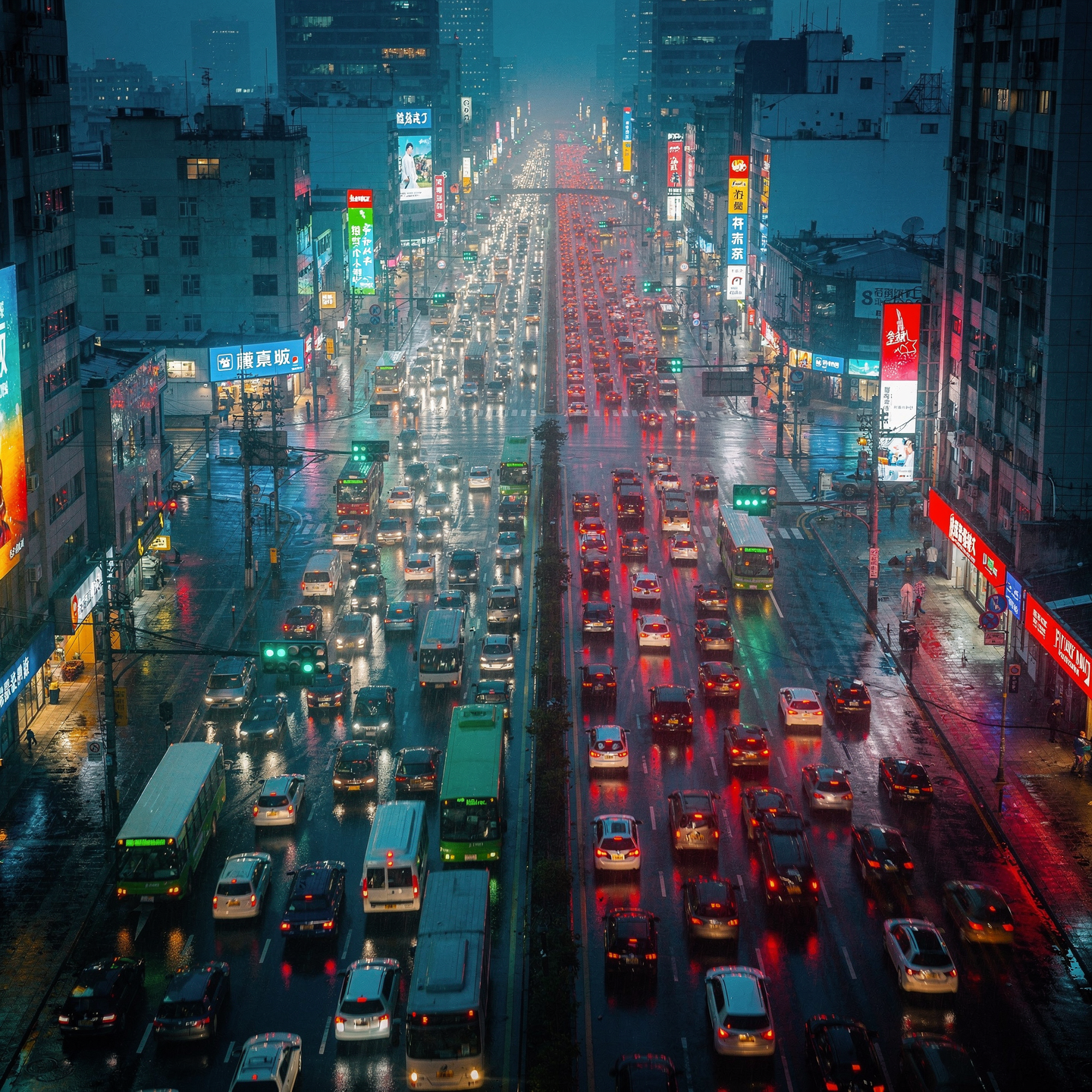 Forum avatar: neon-lit urban traffic jam at night, rain-slick streets packed with cars and buses viewed from above.