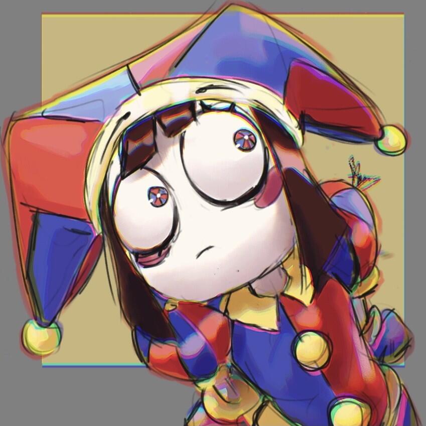 Forum avatar of Pomni from the TV show The Amazing Digital Circus — wide-eyed jester in a colorful patchwork costume.