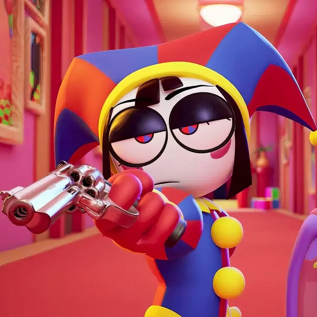 Forum avatar of Pomni from the TV show The Amazing Digital Circus: jester outfit, heavy-lidded eyes, aiming a silver revolver in a vivid pink hallway.