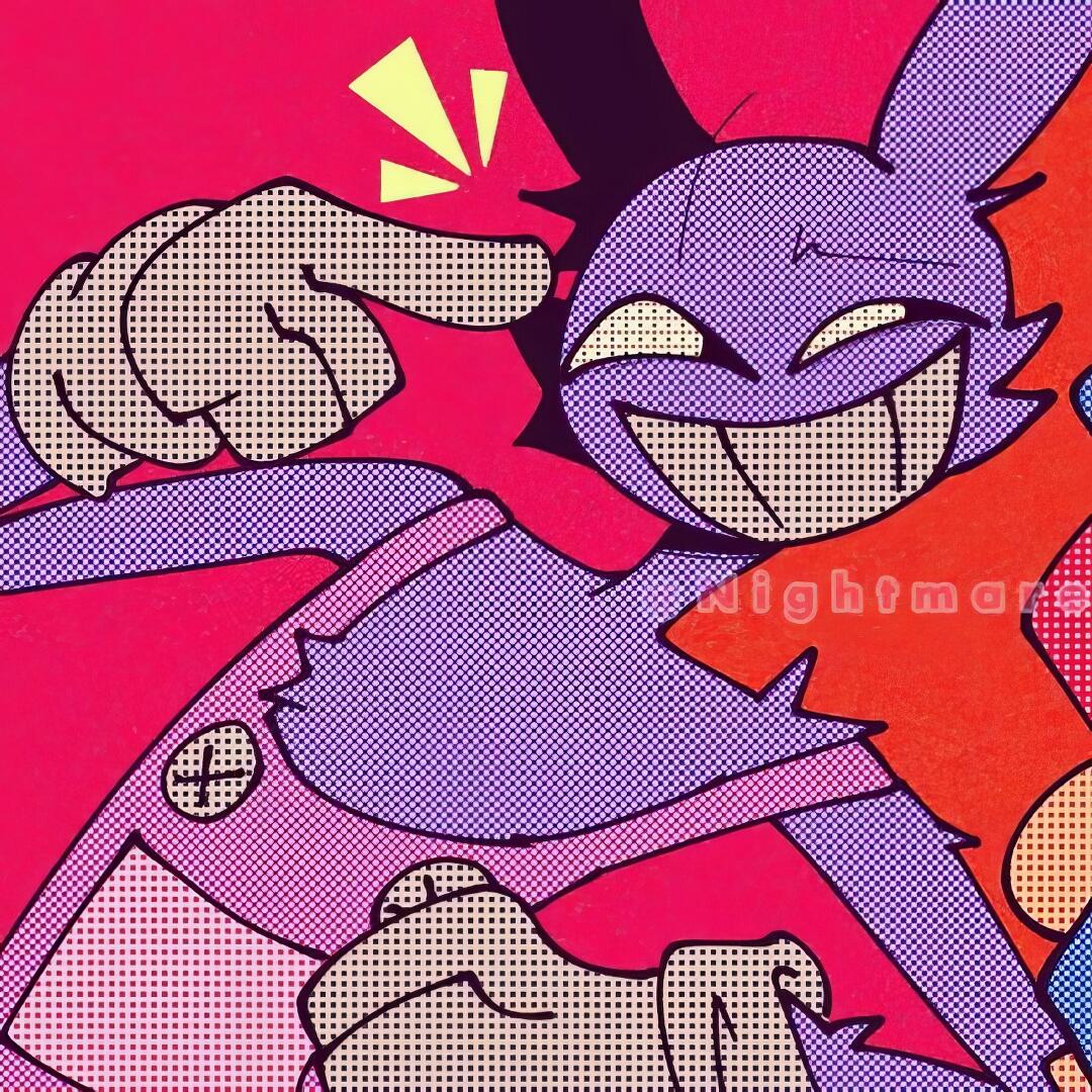 Forum avatar of Jax from the TV show The Amazing Digital Circus — grinning purple rabbit-like character pointing with a gloved hand against a vibrant halftone pink-red background.