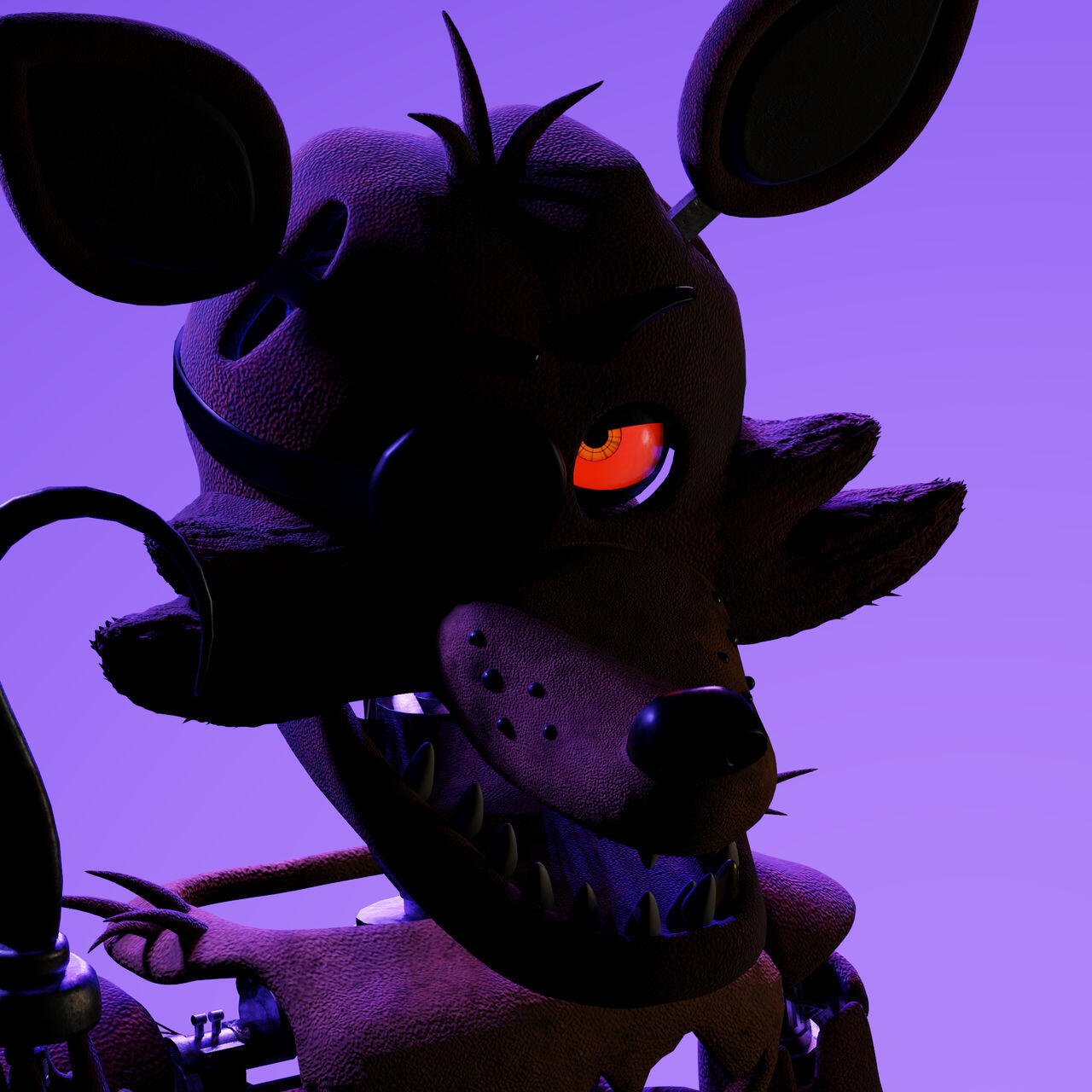 Forum avatar of Foxy from the video game Five Nights at Freddy's: shadowed animatronic fox with one glowing red eye, jagged teeth and a purple background.
