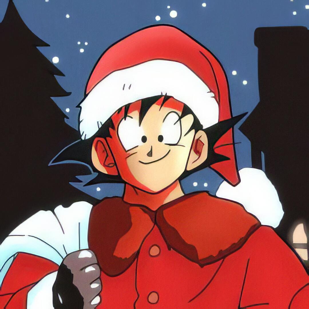 Forum avatar: Anime Dragon Ball’s Goku smiling in a Santa hat and red cloak against a snowy night.