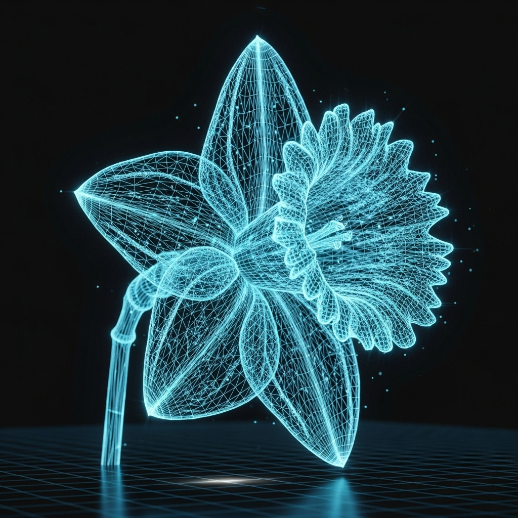 Neon cyan wireframe daffodil on a black background, a stylized digital flower used as a forum avatar/profile photo.
