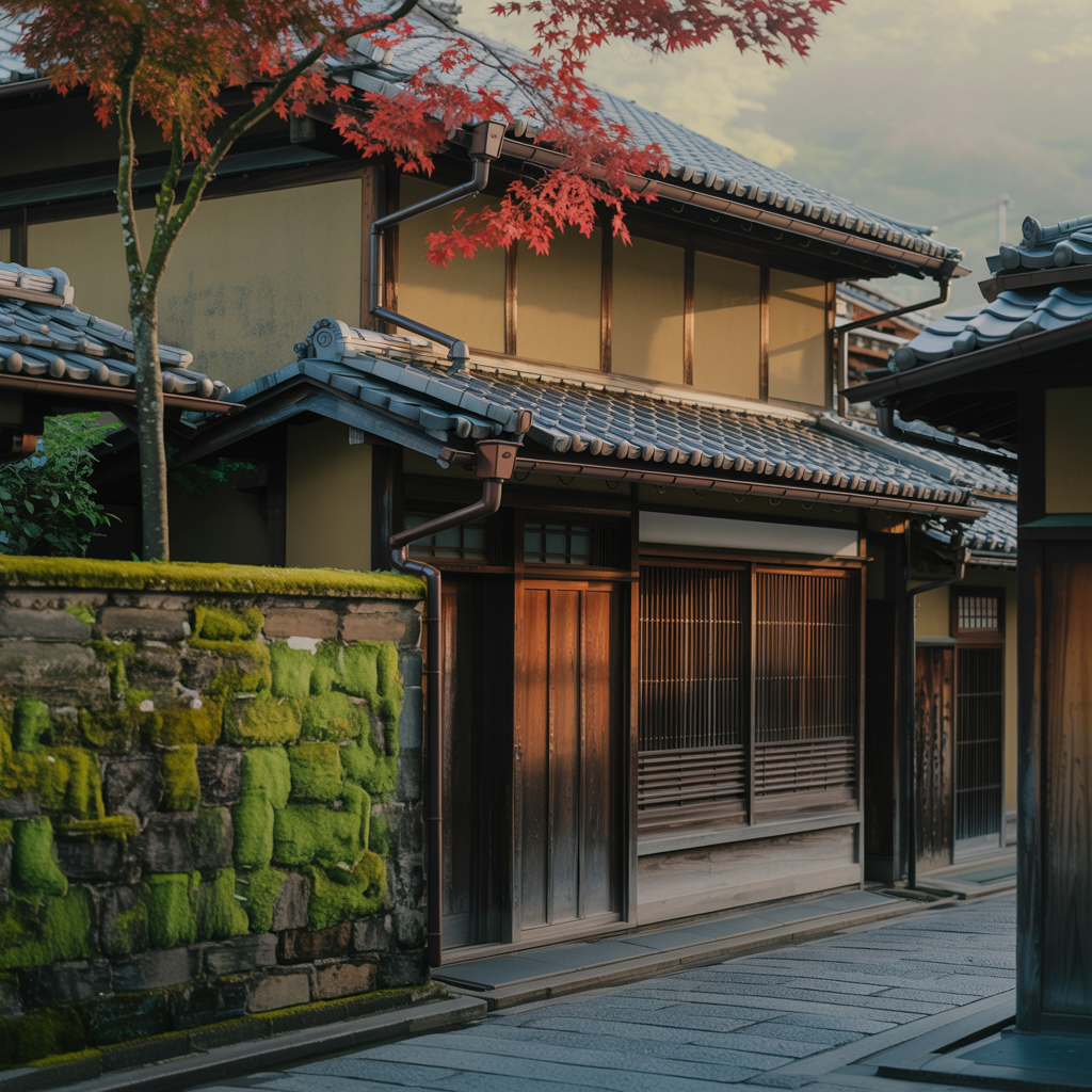 Forum avatar: Kyoto street at dusk with traditional wooden machiya houses, a mossy stone wall and red maple leaves.
