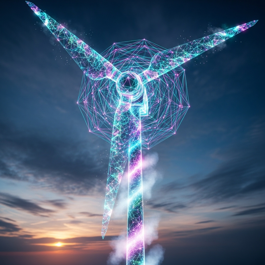Glowing neon wireframe wind turbine against a dramatic sunset, rendered as a futuristic forum avatar/profile picture.