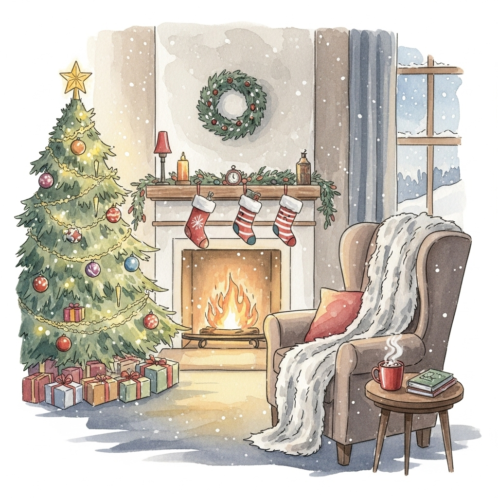 Cozy Christmas forum avatar — illustrated living room with decorated tree, roaring fireplace, stockings, wreath, armchair with blanket, gifts and a mug.