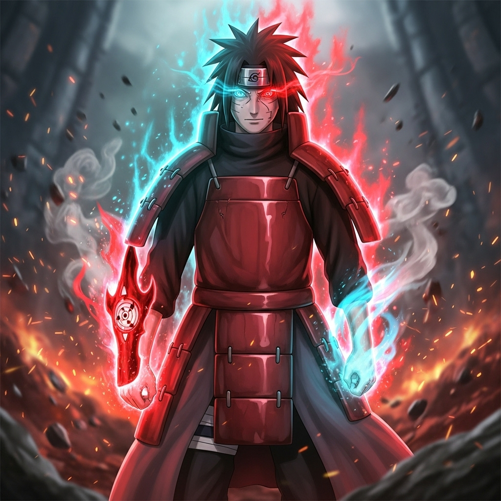 Forum avatar of Madara Uchiha in red armor, Sharingan glowing, red and blue chakra flames swirling from his hands against a smoky, fiery battlefield background.