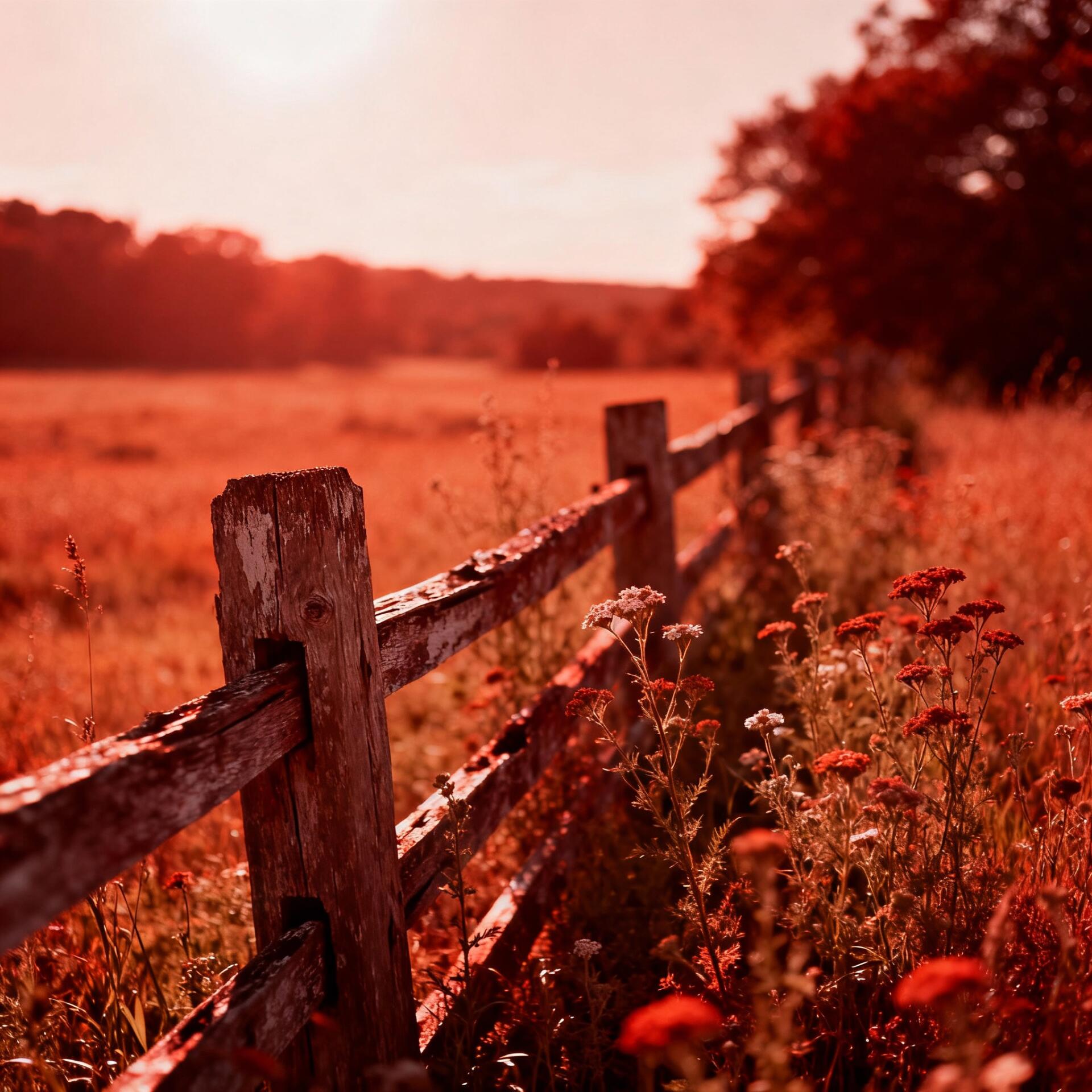 Aesthetic forum avatar/pfp: sunlit rustic fence and red wildflowers stretching into a golden-orange meadow at sunset.