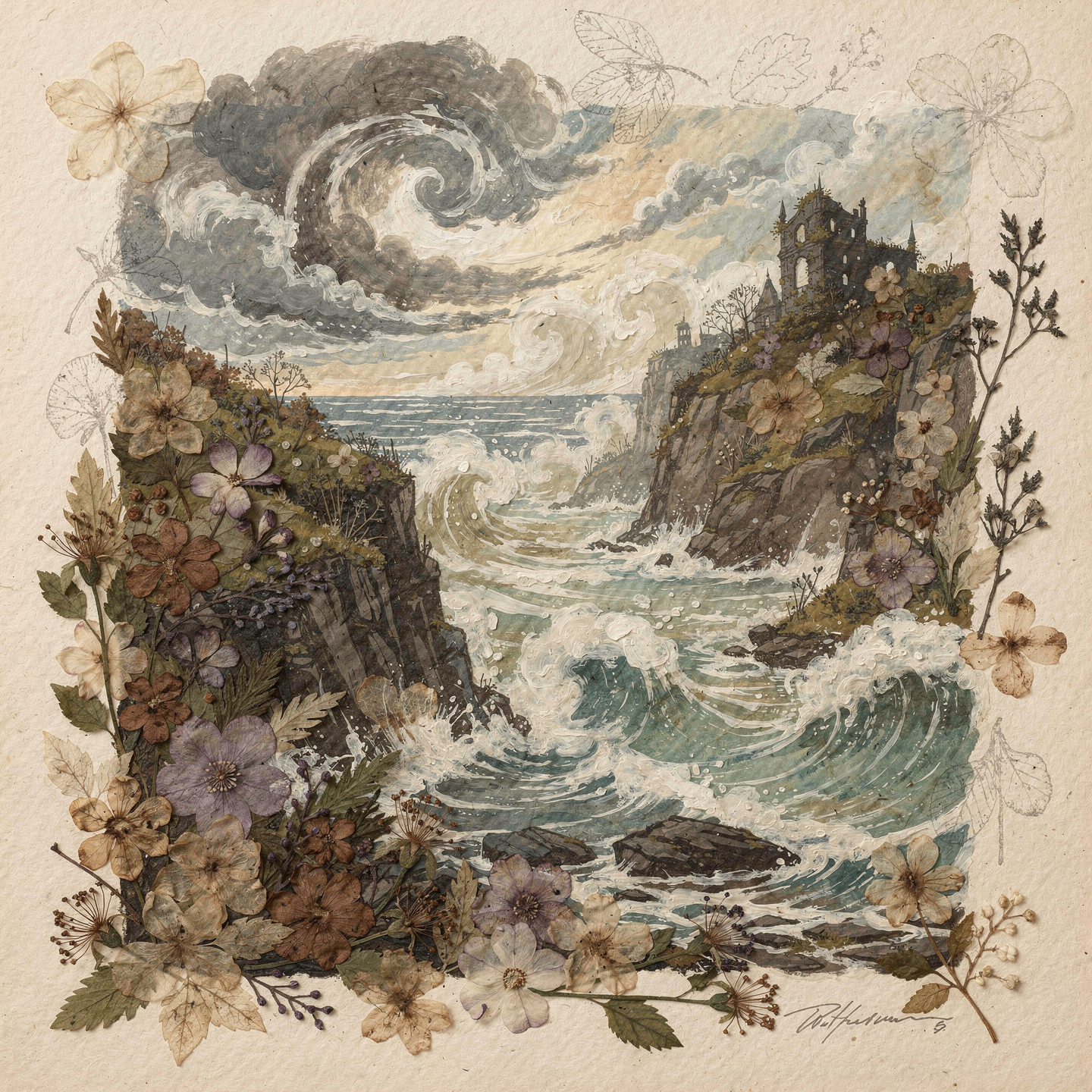 Forum avatar: vintage illustration of a stormy coastline — waves crashing between flower-framed cliffs under swirling clouds, a ruined castle perched on the headland.
