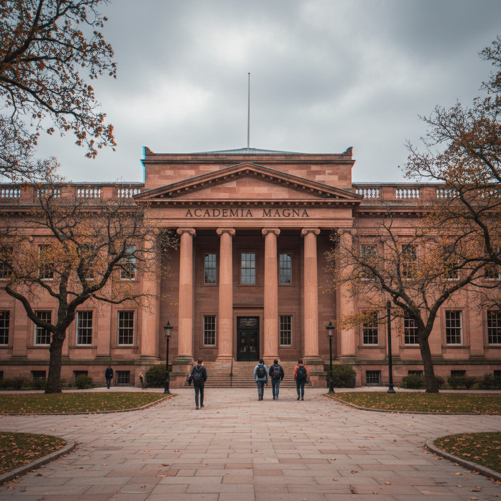 Forum avatar showing a stately university building with classical columns and students on the front pathway, framed by bare trees under an overcast sky.