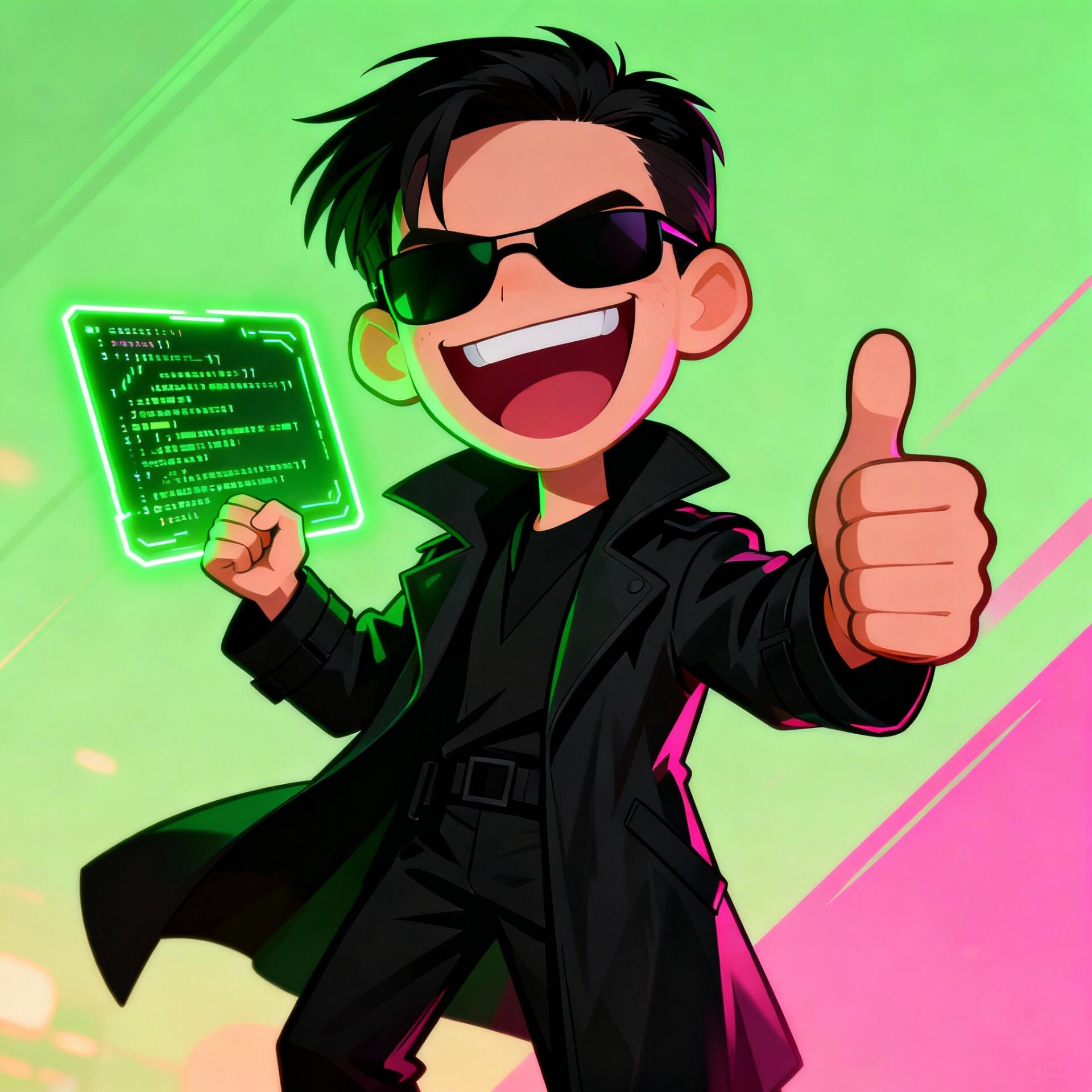 Forum avatar/pfp inspired by The Matrix: cartoon character in a black trench coat and sunglasses, grinning with a thumbs-up while holding a glowing green code panel on a neon background.