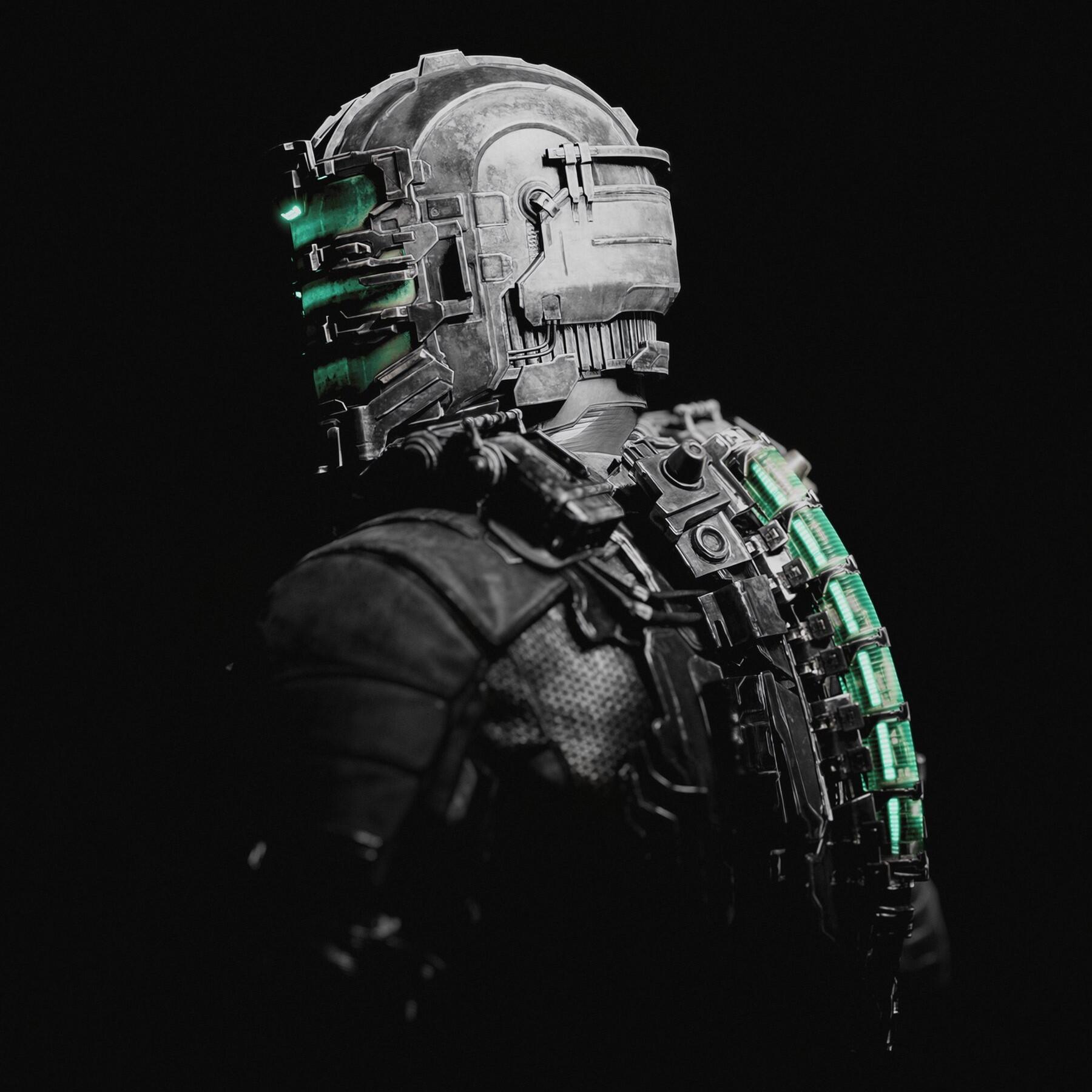 Dead Space–style video game cyborg in black armor with green-lit visor and glowing spinal rig, presented as a forum avatar/profile picture.