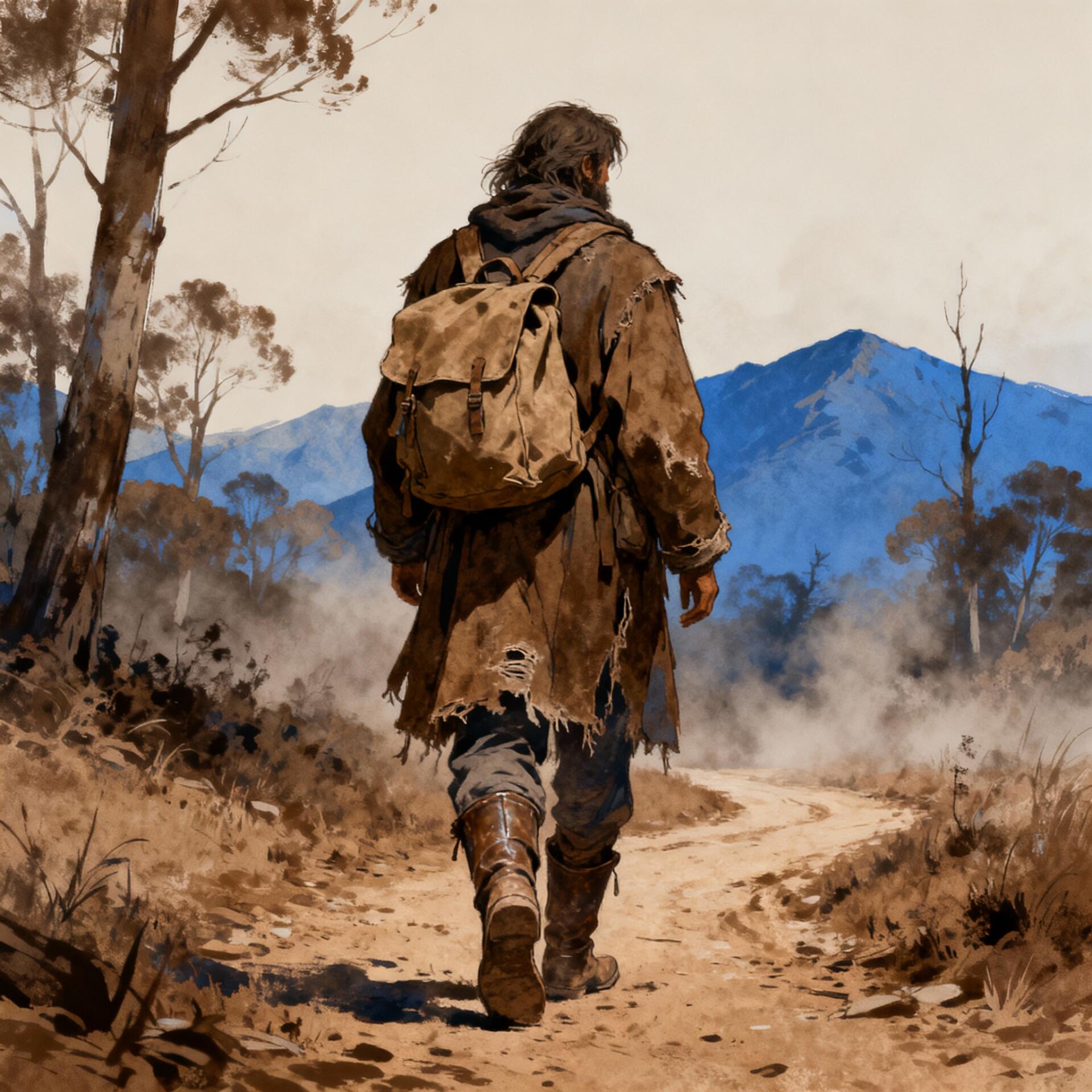 Vagabond forum avatar/pfp: lone rugged traveler in a tattered coat and backpack walking a dusty path toward blue mountains.