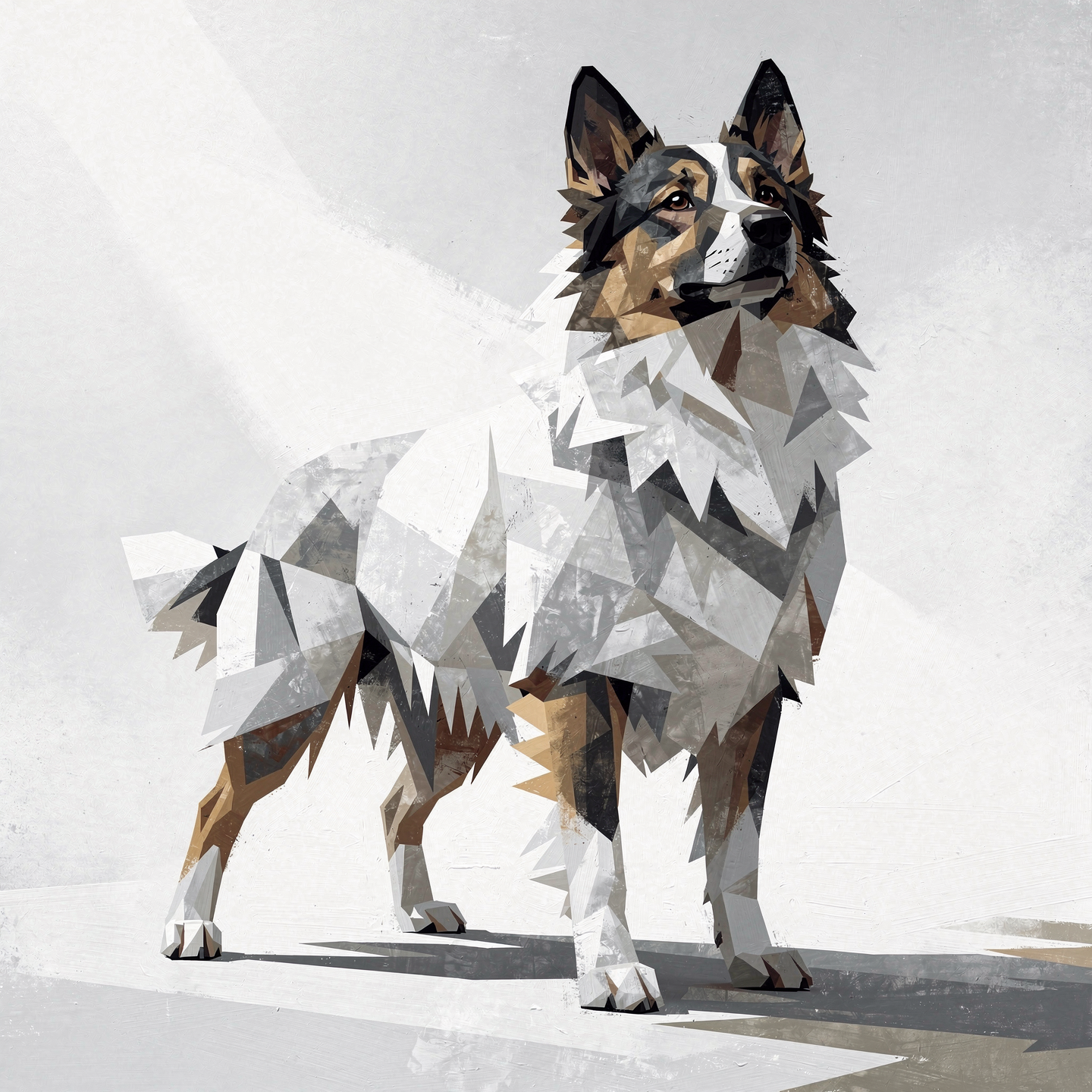 Polygonal sheepdog portrait used as a forum avatar/pfp, standing alert with a proud stance.