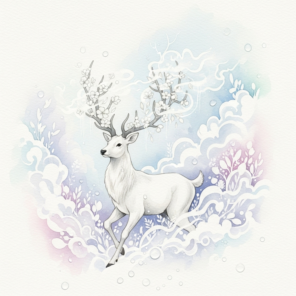 Illustrated white stag with ornate frosty antlers amid pastel clouds — whimsical forum avatar/profile photo.