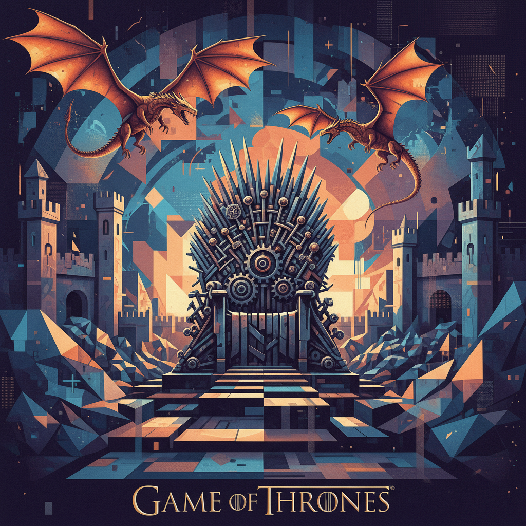 Game of Thrones forum avatar: stylized Iron Throne centered on a geometric castle plaza, two dragons circling above against a warm, angular sunset backdrop.