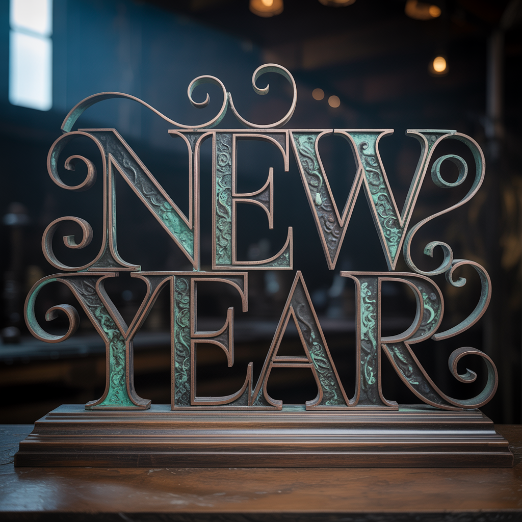 Ornate patina metal NEW YEAR tabletop sign, shown as a forum avatar/pfp/profile photo with warm bokeh interior background