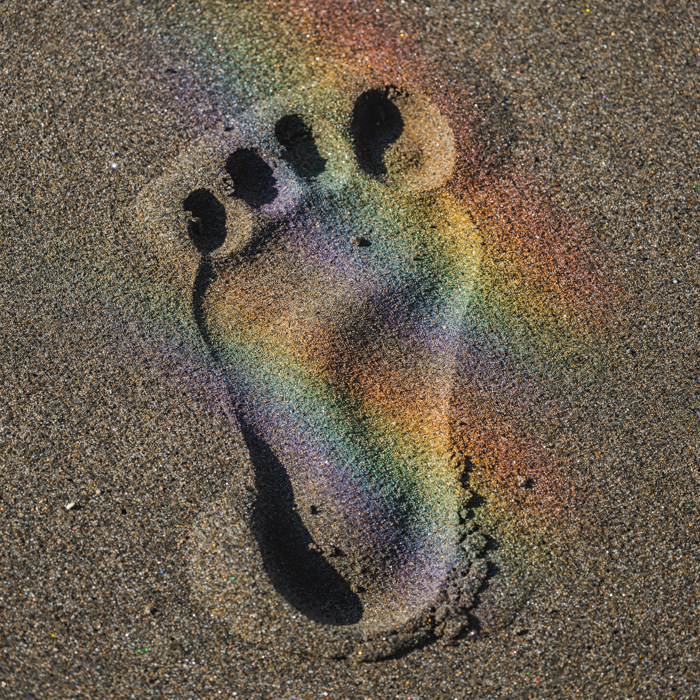 Bare footprint pressed into sand with an iridescent rainbow sheen, used as a forum avatar/pfp.