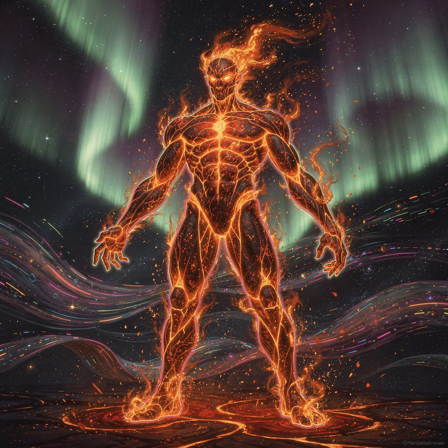 Forum avatar of a fire elemental: a towering molten humanoid with flaming hair and embers, set against swirling aurora-lit skies.