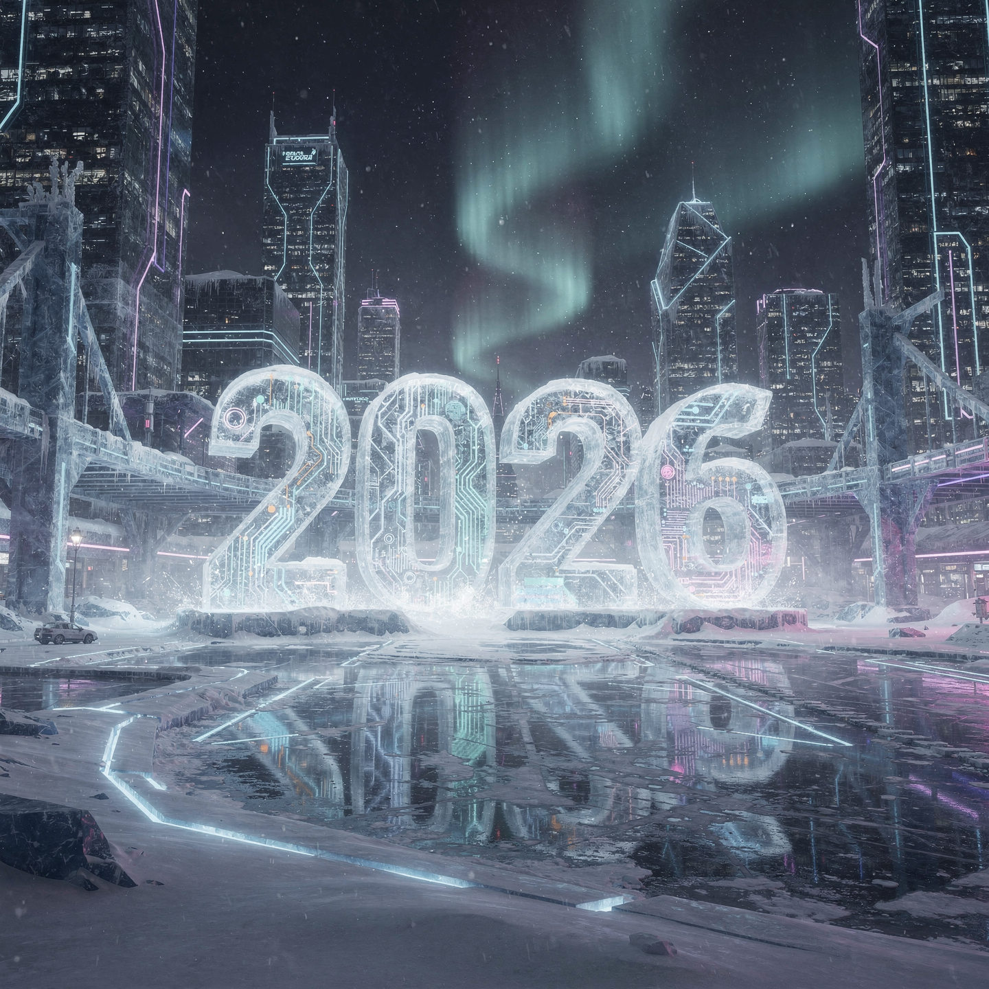 Forum avatar/pfp: glowing translucent 2026 numerals set in a futuristic icy cityscape with aurora-like lights and a reflective wet surface.
