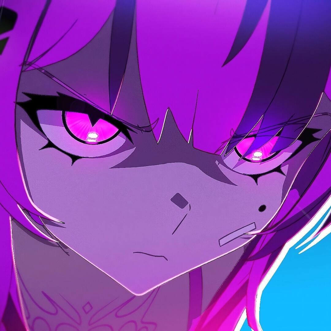 Close-up purple anime virtual YouTuber avatar with glowing magenta eyes, short bangs and a small cheek bandage, intense expression — forum profile/pfp.