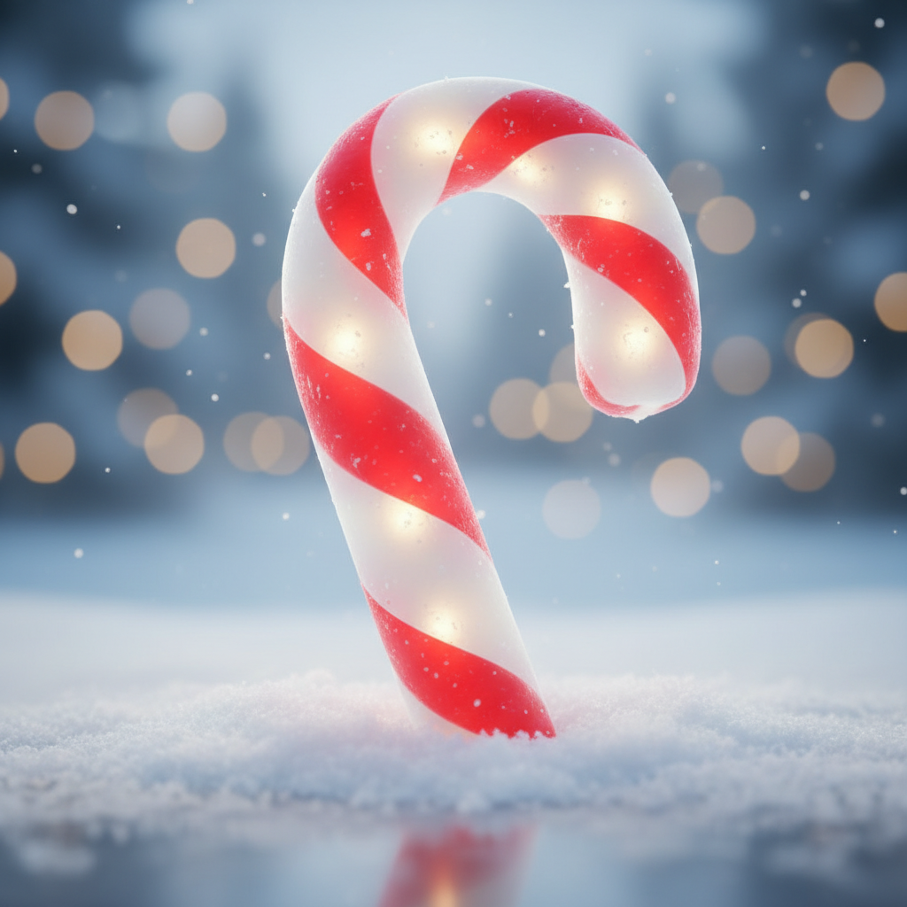 Red-and-white candy cane avatar hovering above snow with soft bokeh lights — festive forum pfp