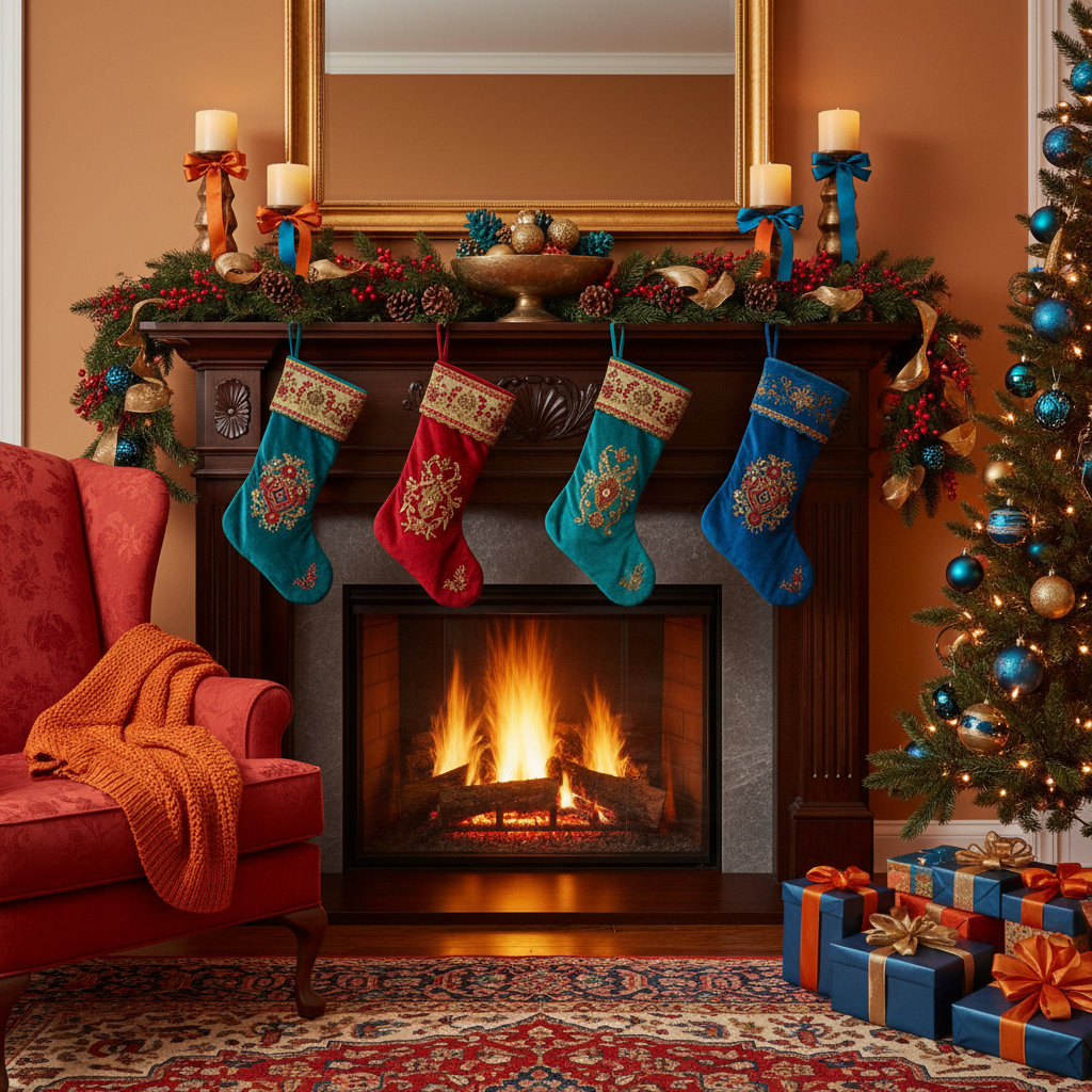 Forum avatar/pfp: Christmas fireplace scene with stockings on a decorated mantel, a warm glowing hearth, nearby tree and wrapped presents.