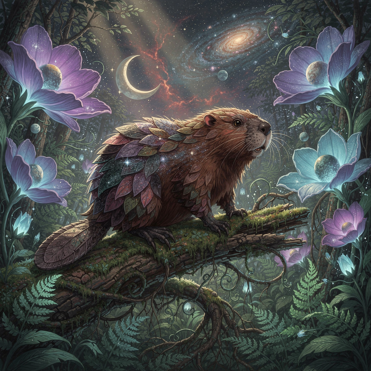 Whimsical beaver with leaf-like fur on a mossy branch, surrounded by glowing flowers and a starry crescent sky — stylized forum avatar/pfp.