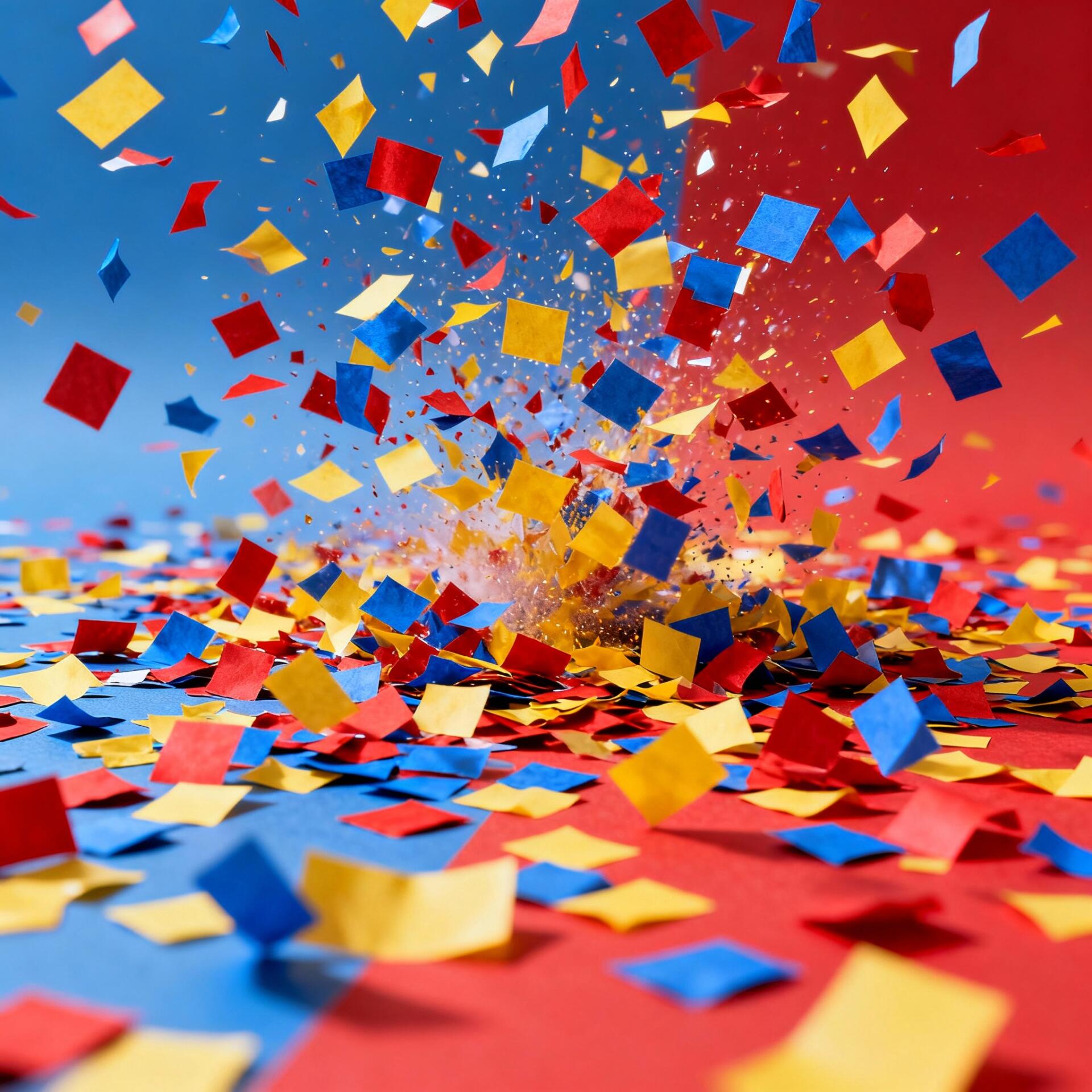 Vibrant red, blue, and yellow confetti explosion filling the frame — abstract, festive forum pfp.