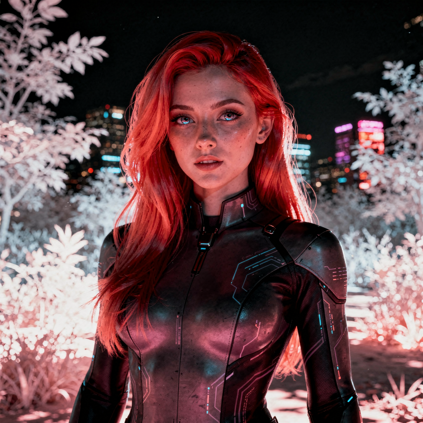 Sci-fi girl forum avatar/pfp: red-haired figure in sleek futuristic armor, neon-lit city and glowing foliage behind her, direct intense gaze.