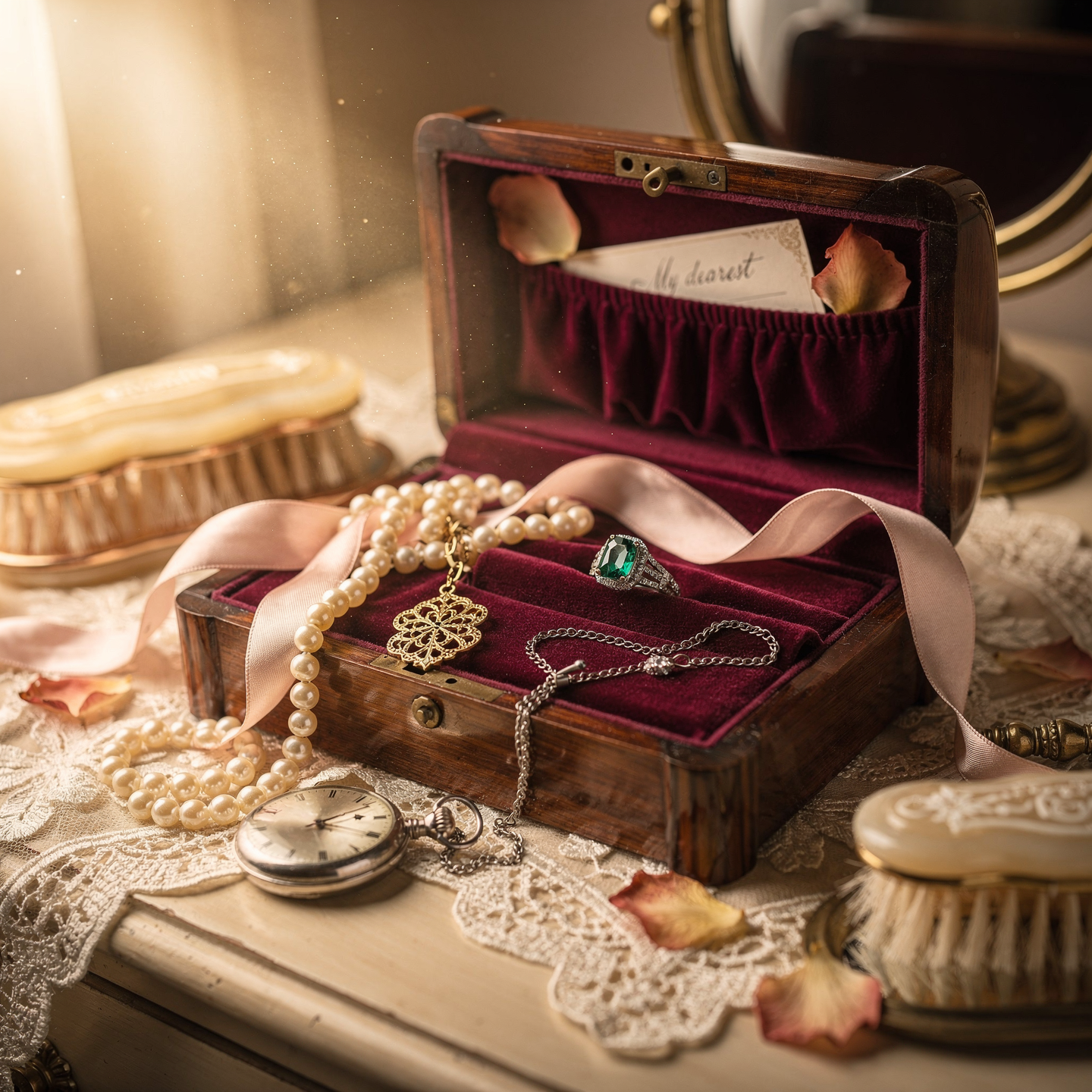 Antique open jewelry box with velvet lining spilling pearls, a ring, pocket watch and rose petals on lace — presented as a forum avatar/pfp.
