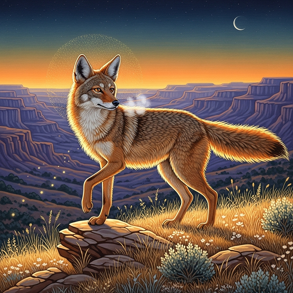Stylized coyote standing on a rocky outcrop at sunset over a canyon, halo glow and crescent moon in the sky — forum avatar / pfp profile photo.