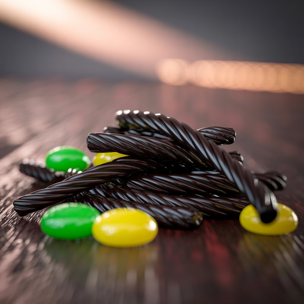 Forum profile photo of twisted black licorice sticks piled with scattered green and yellow candy on a dark wood surface.