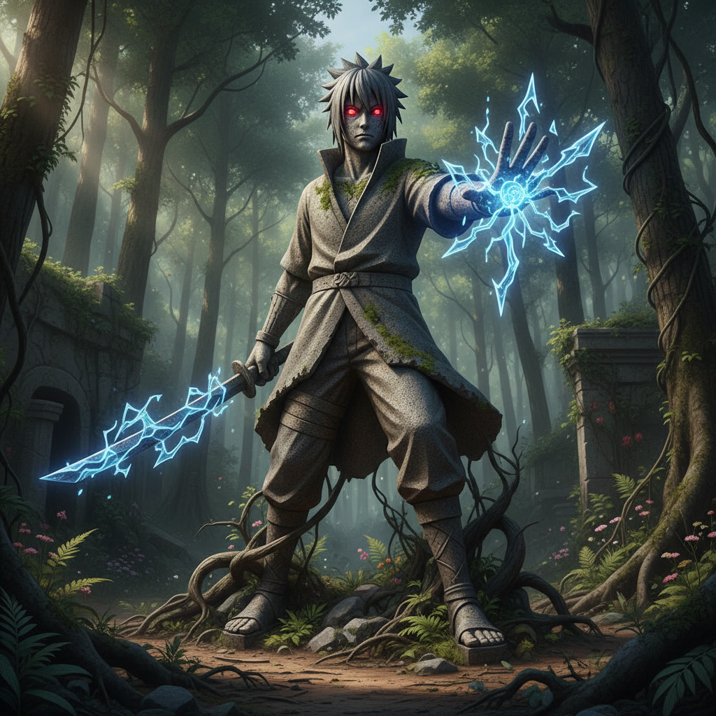 Forum avatar/pfp of Sasuke Uchiha in a misty forest, Sharingan glowing red as he channels crackling blue lightning into blade-like weapons.