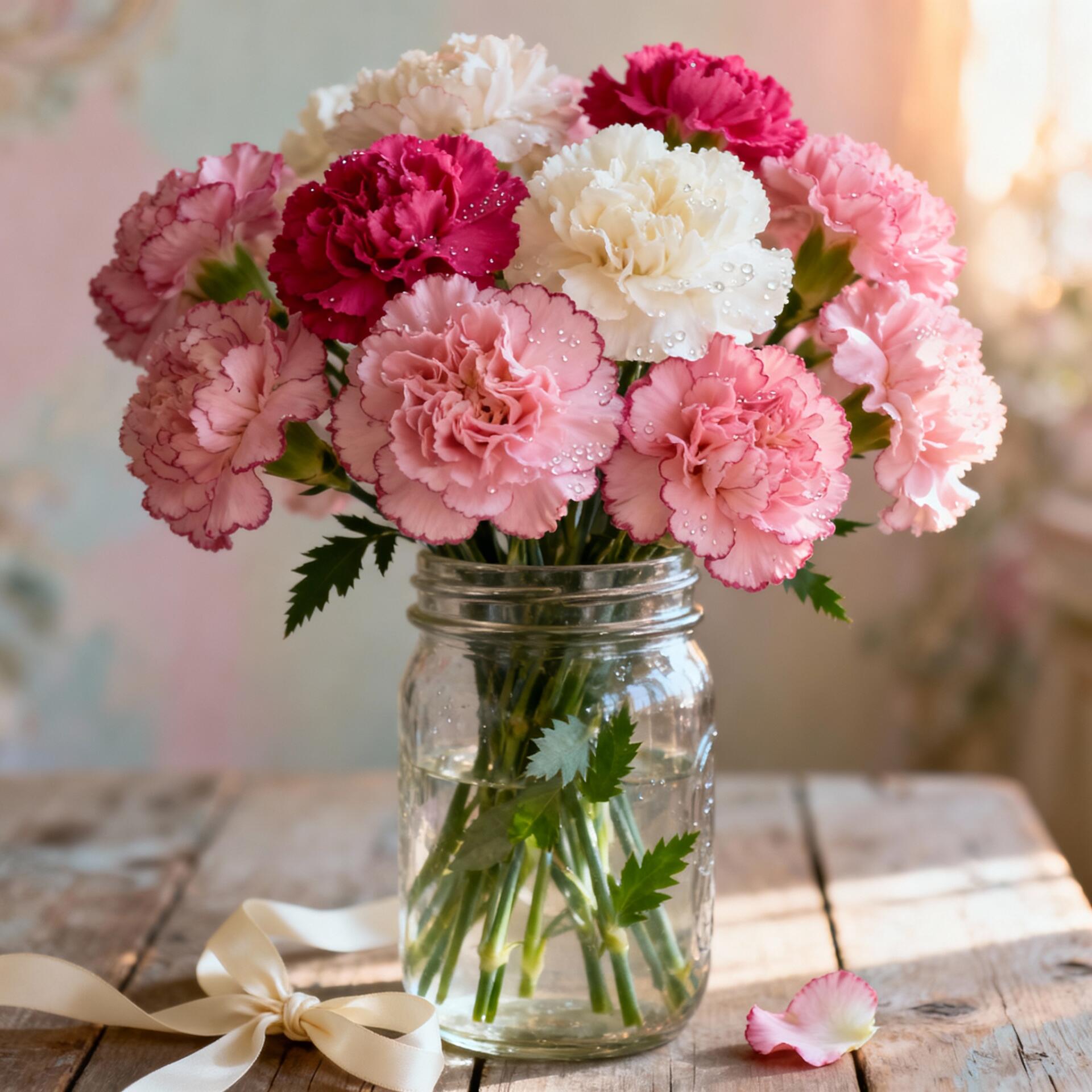 Forum avatar/profile photo of a mason jar bouquet of pink, white, and red carnations on a sunlit wooden table.