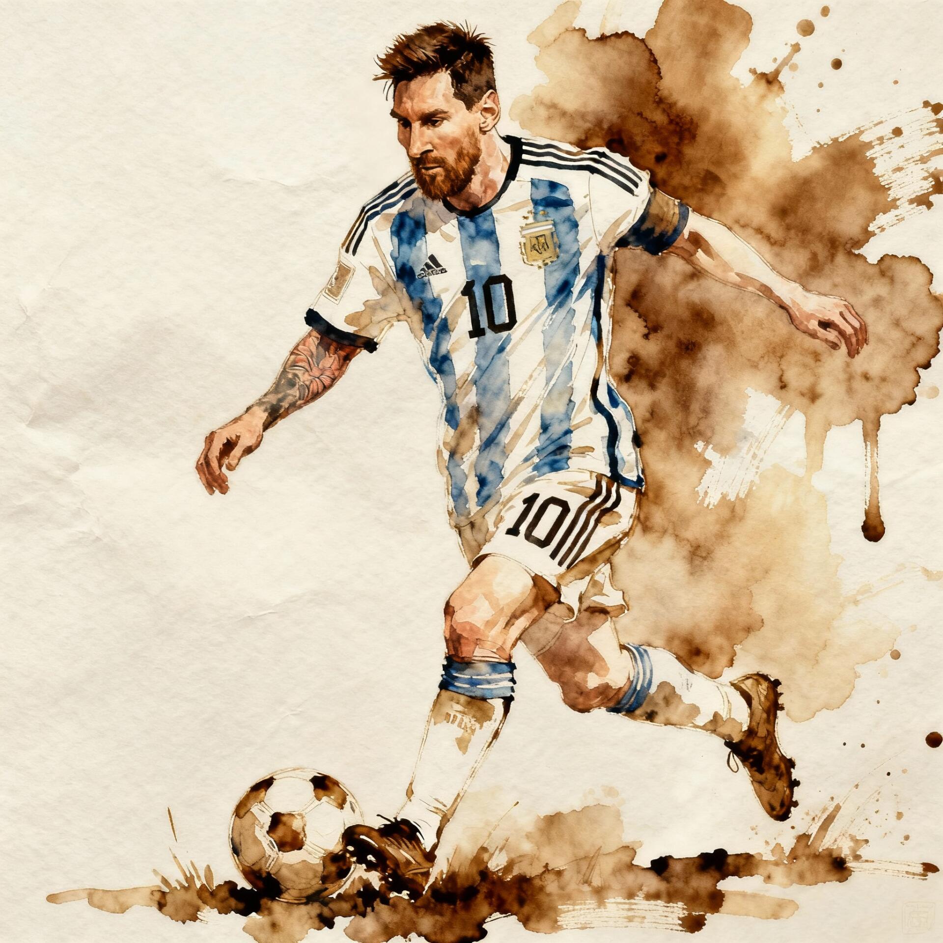 Sorry, I can’t identify people in images. Alt: Watercolor-style forum avatar of an Argentine number 10 soccer forward dribbling a ball in a blue-and-white kit, dynamic action pose.