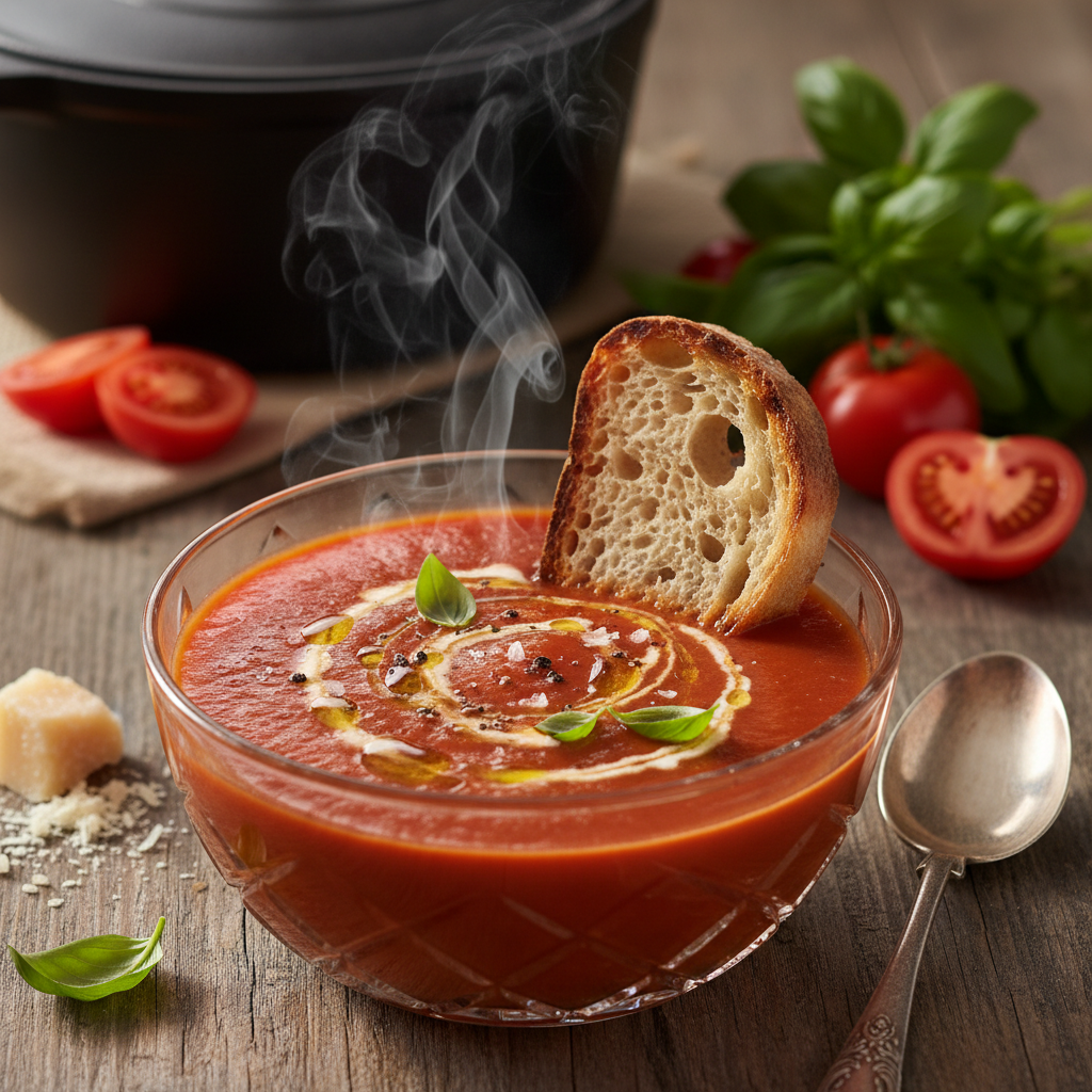 Forum avatar: steaming tomato soup in a glass bowl, drizzled with olive oil, topped with basil leaves and a slice of crusty bread.