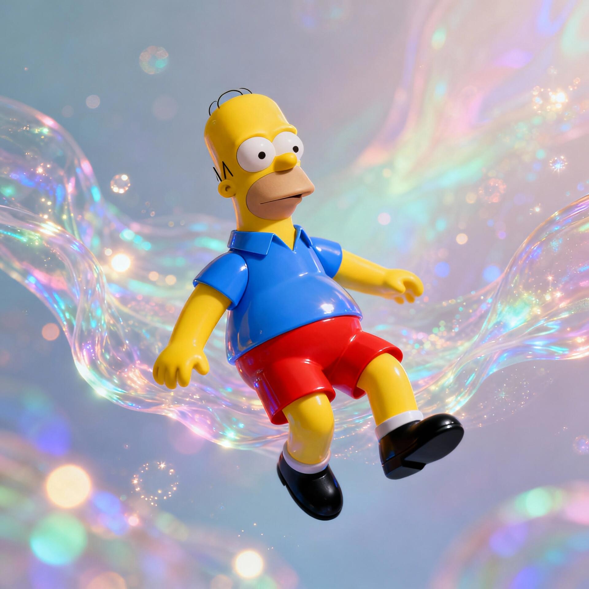 Forum avatar showing Homer Simpson toy figure in blue shirt and red shorts floating over an iridescent, bubble-like background.